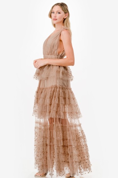 Dot Mix Fabric Mesh Maxi Dress