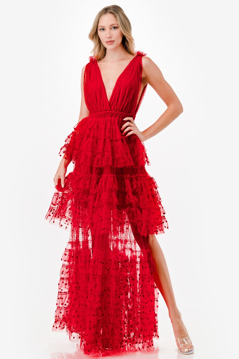 Dot Mix Fabric Mesh Maxi Dress