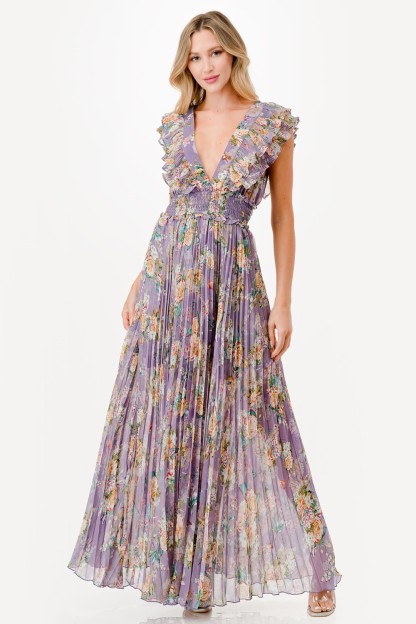 Floral Print Pleated Maxi Dress