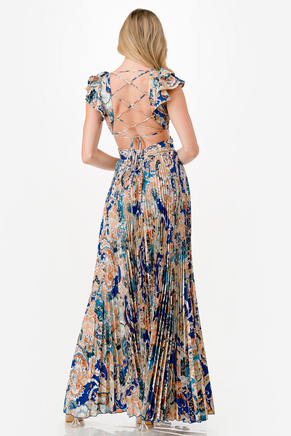 Paisley Print Satin Pleated Maxi Dress