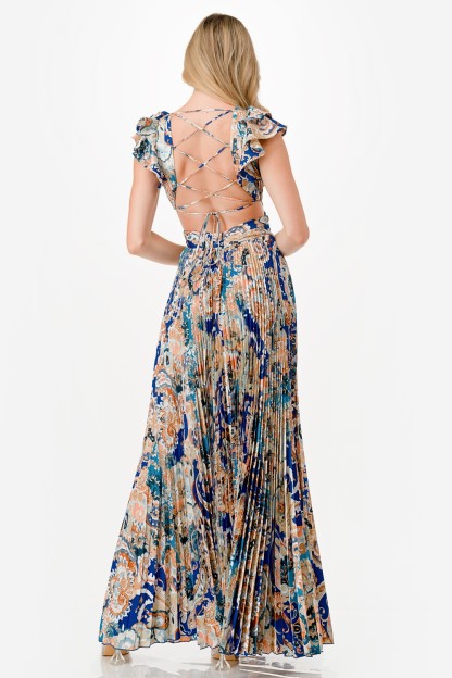 Paisley Print Satin Pleated Maxi Dress