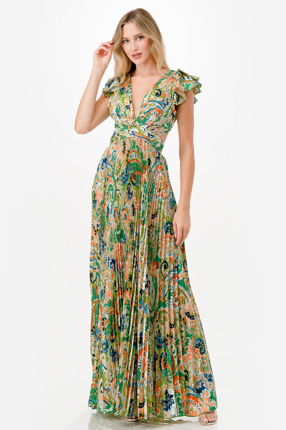 Paisley Print Satin Pleated Maxi Dress