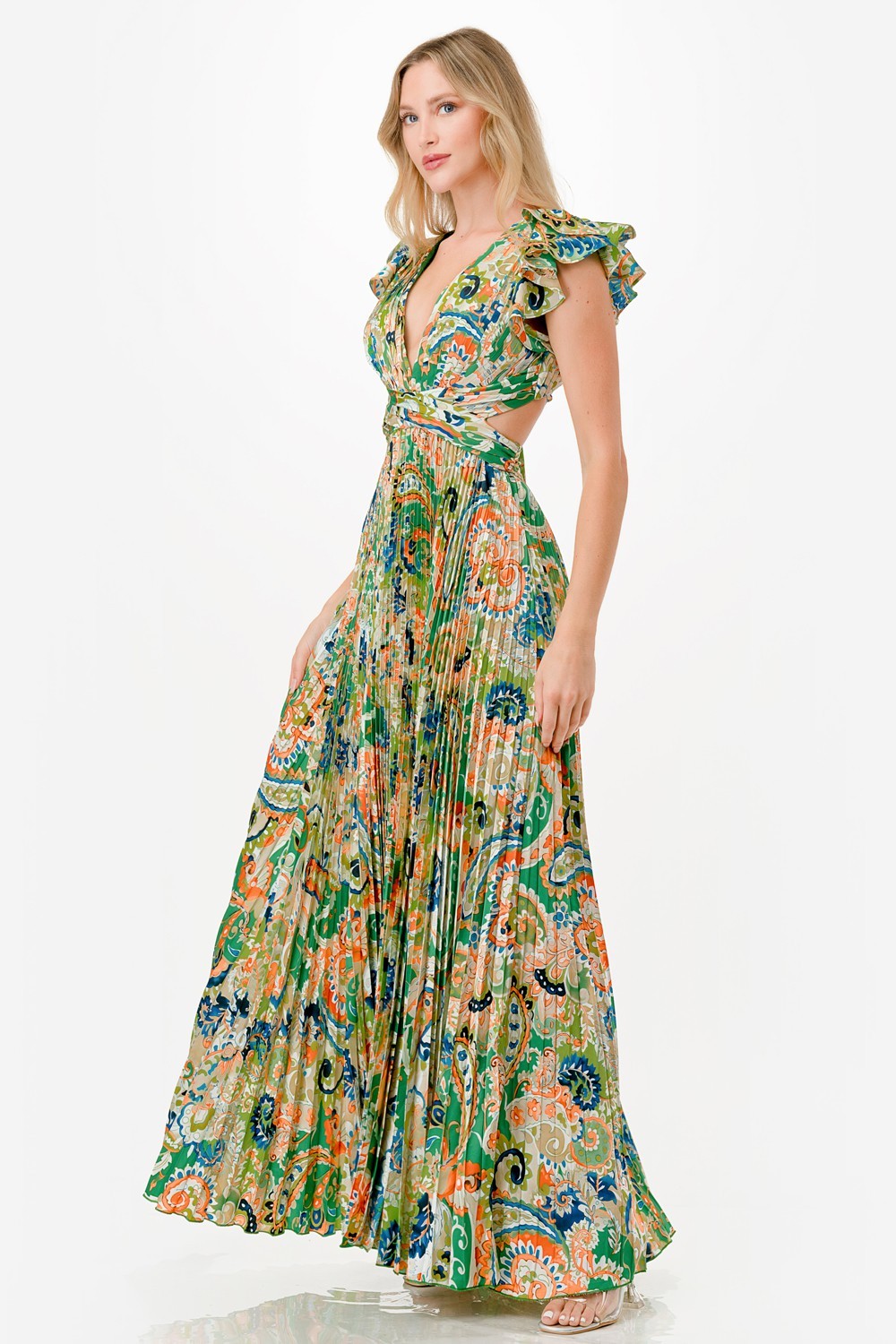Paisley Print Satin Pleated Maxi Dress
