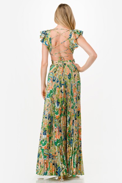 Paisley Print Satin Pleated Maxi Dress