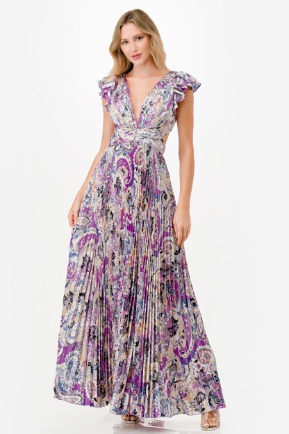 Paisley Print Satin Pleated Maxi Dress