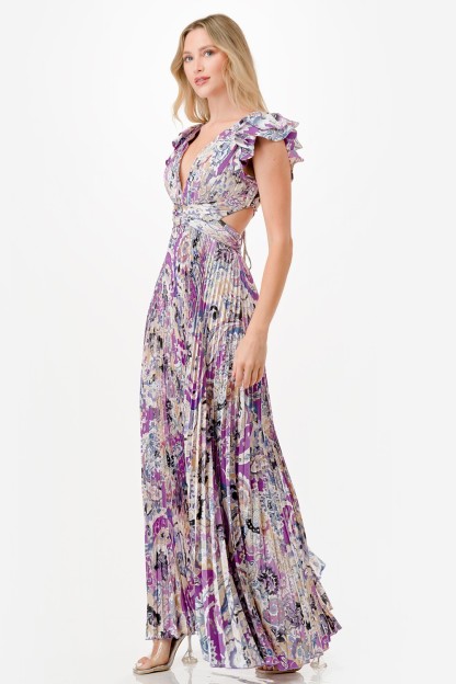 Paisley Print Satin Pleated Maxi Dress