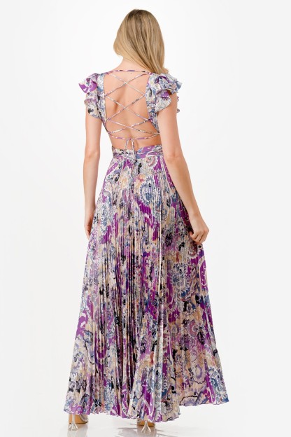 Paisley Print Satin Pleated Maxi Dress