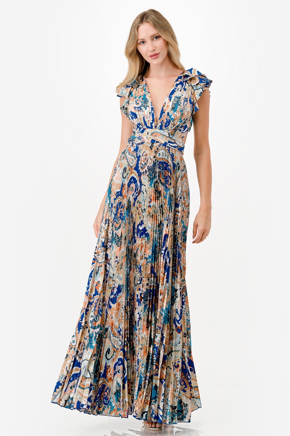 Paisley Print Satin Pleated Maxi Dress
