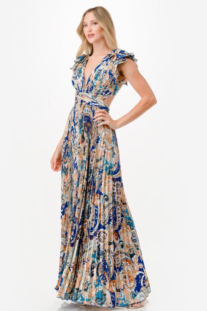 Paisley Print Satin Pleated Maxi Dress