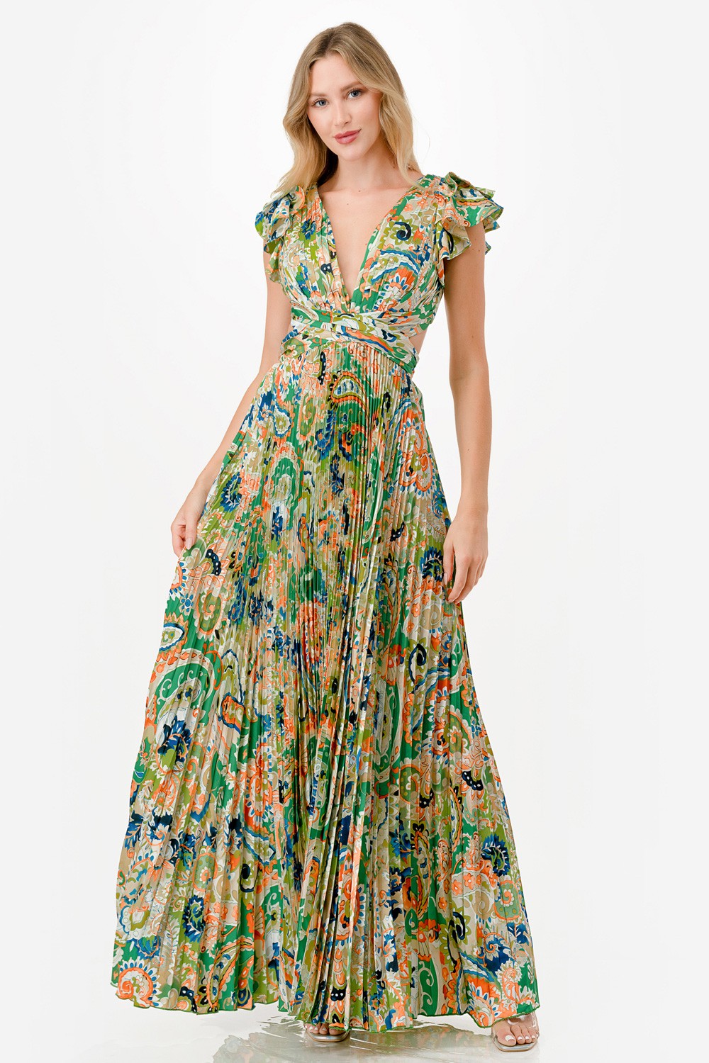 Paisley Print Satin Pleated Maxi Dress