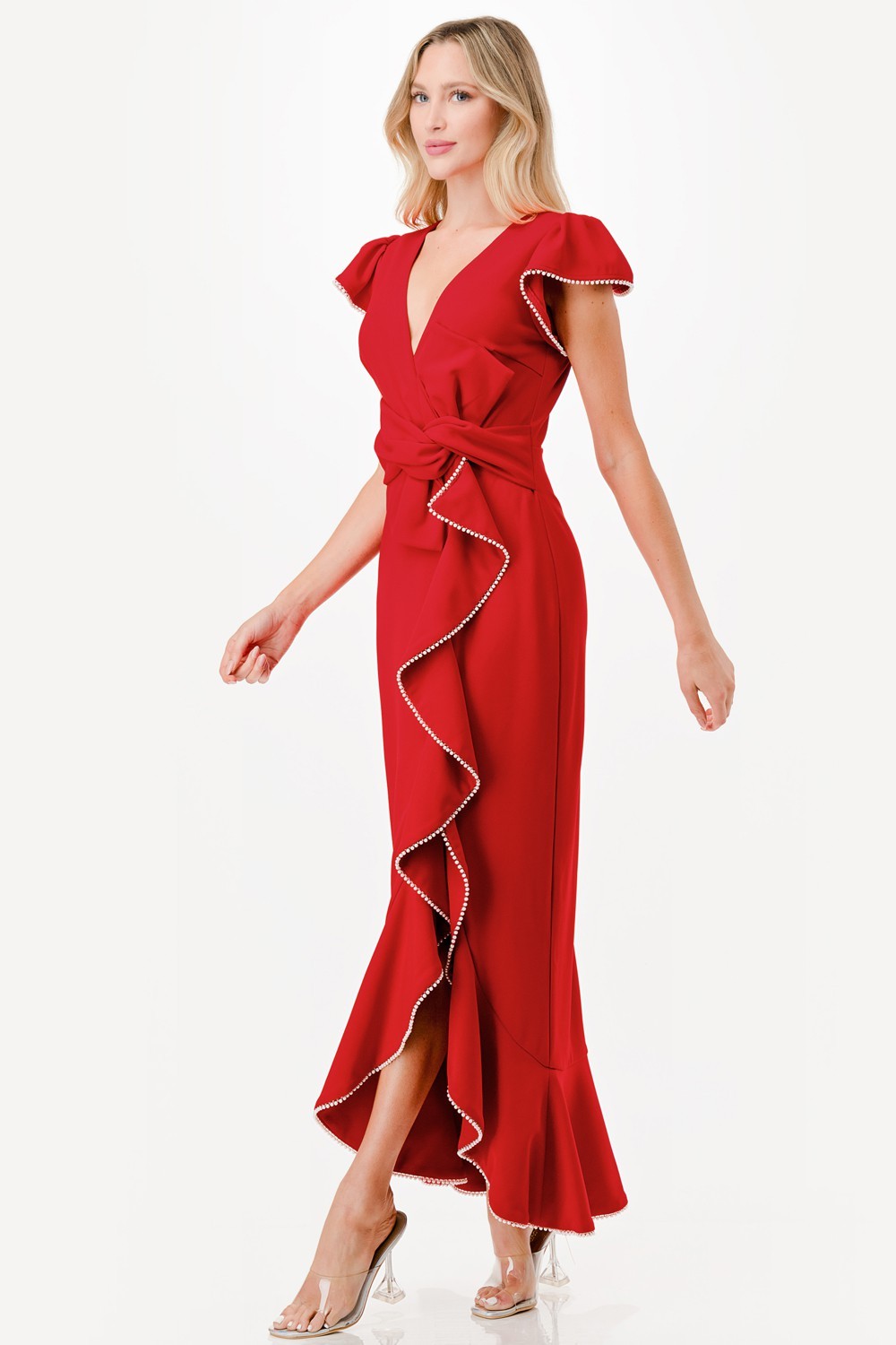 Pearl Detail Ruffle Maxi Dress