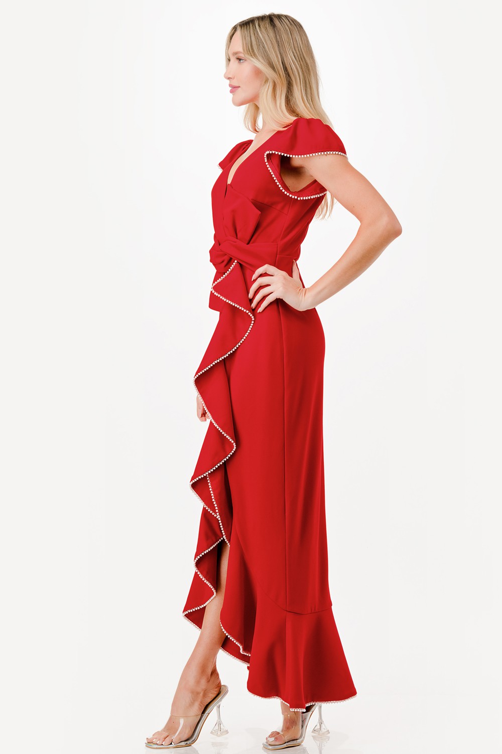 Pearl Detail Ruffle Maxi Dress