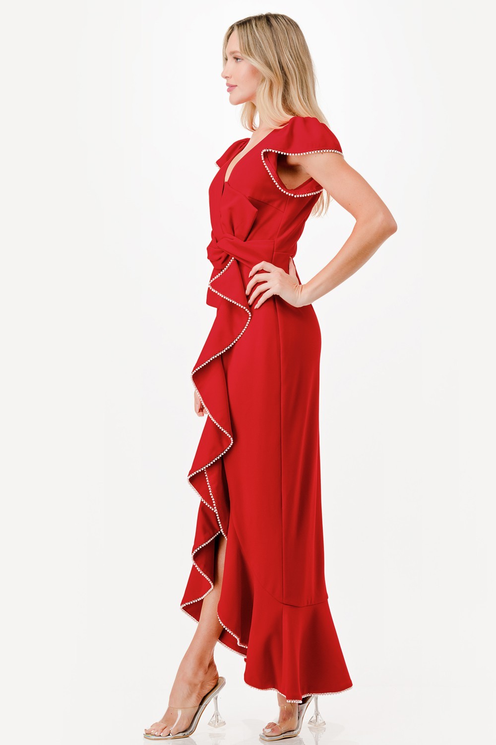 Pearl Detail Ruffle Maxi Dress