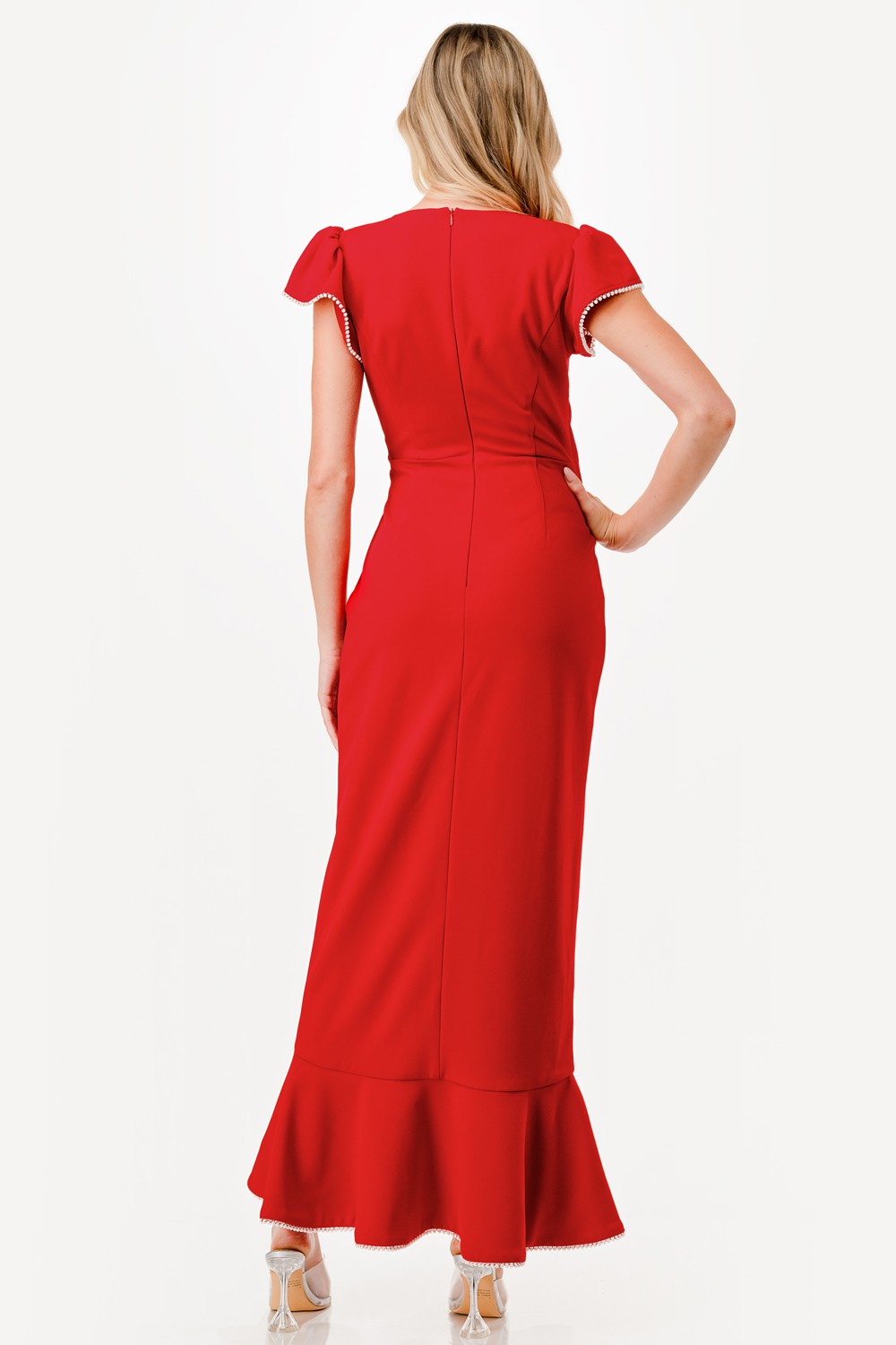 Pearl Detail Ruffle Maxi Dress