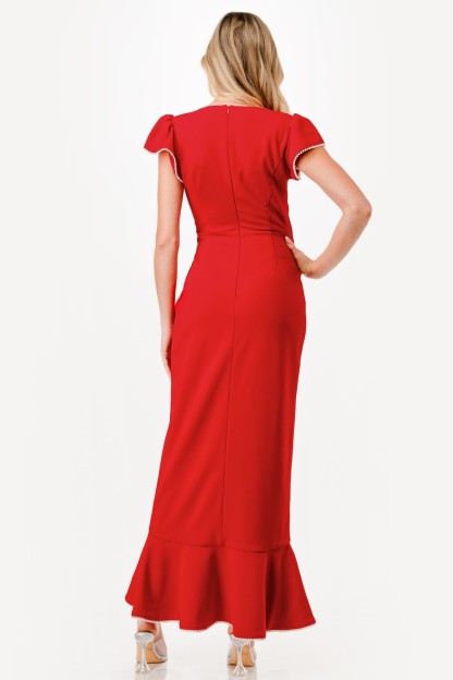 Pearl Detail Ruffle Maxi Dress