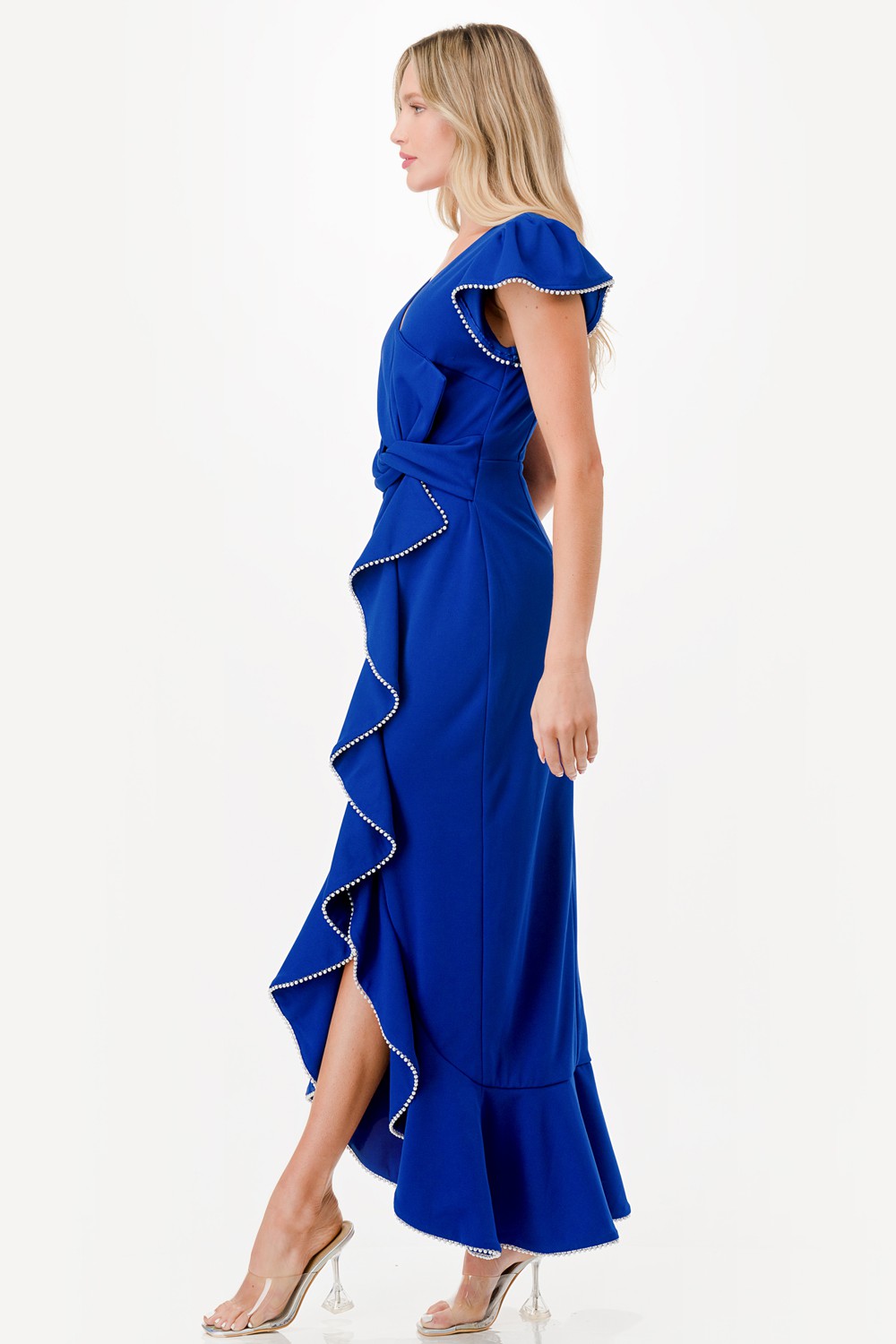 Pearl Detail Ruffle Maxi Dress