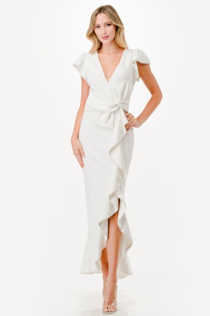 Pearl Detail Ruffle Maxi Dress