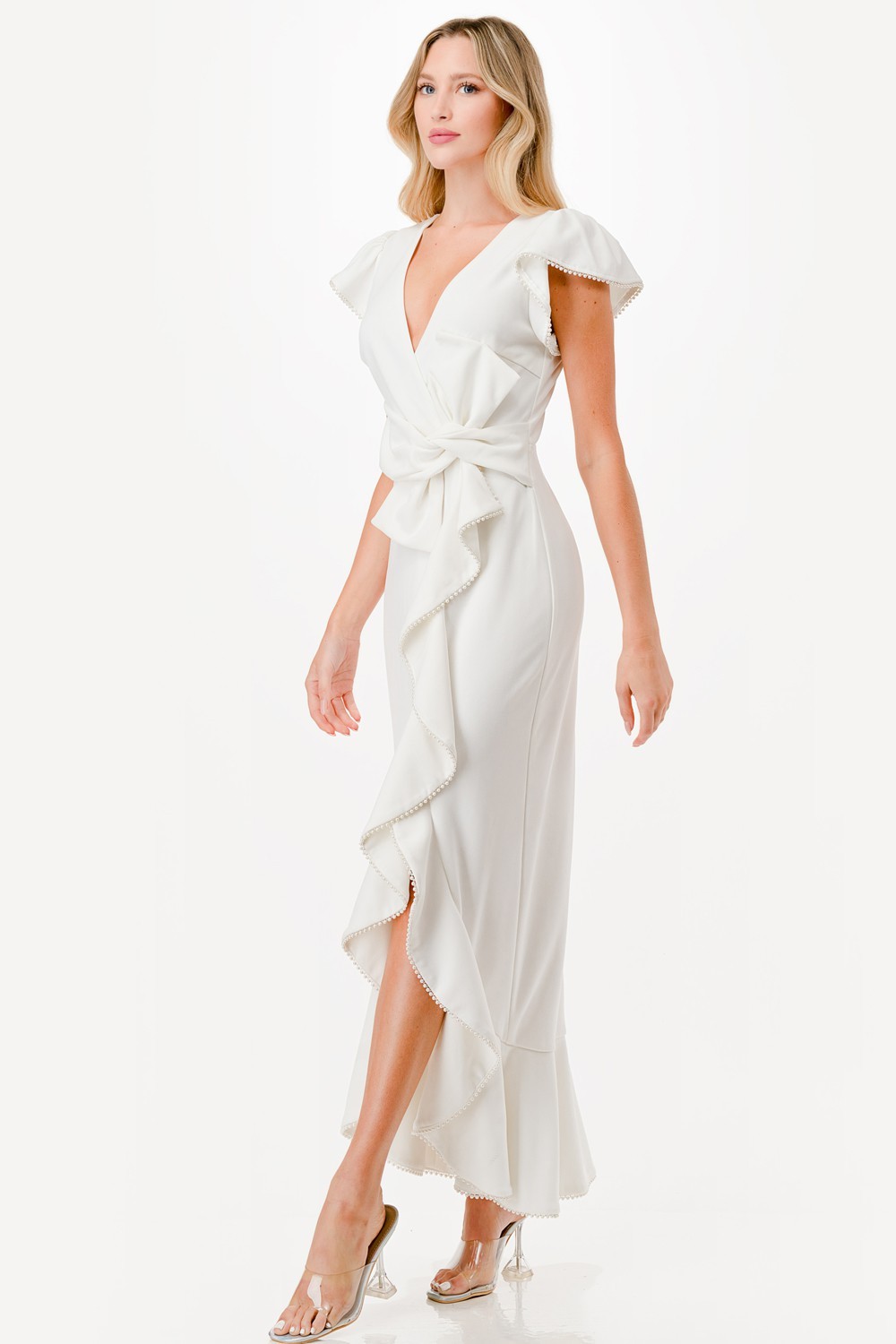 Pearl Detail Ruffle Maxi Dress