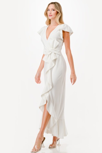 Pearl Detail Ruffle Maxi Dress