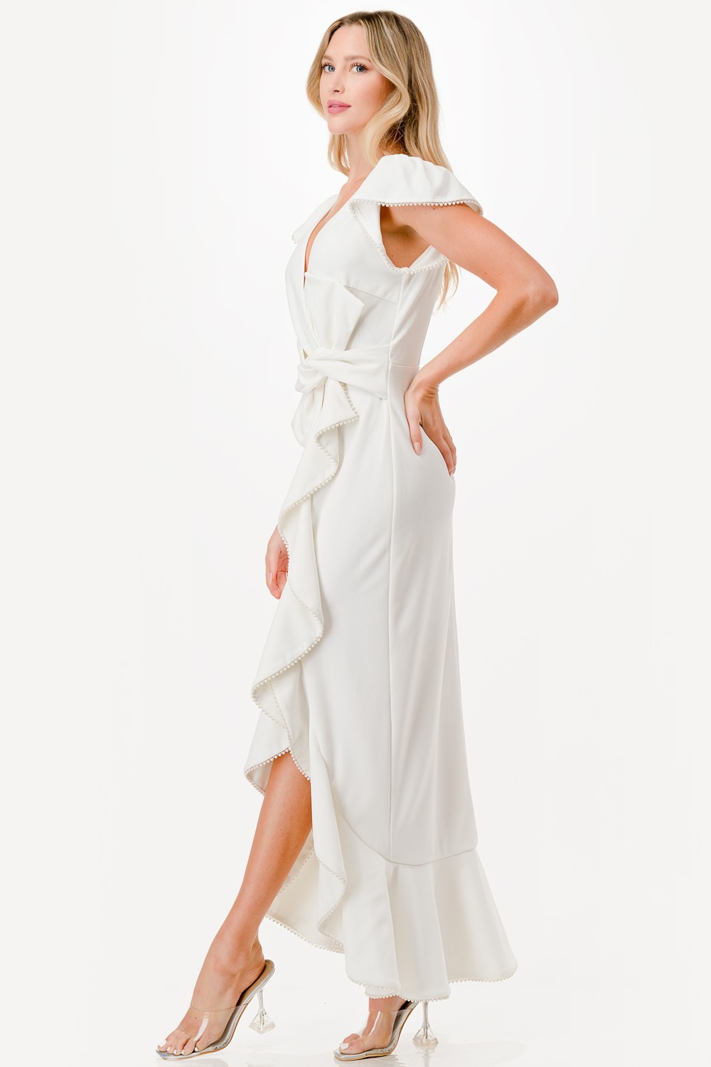 Pearl Detail Ruffle Maxi Dress