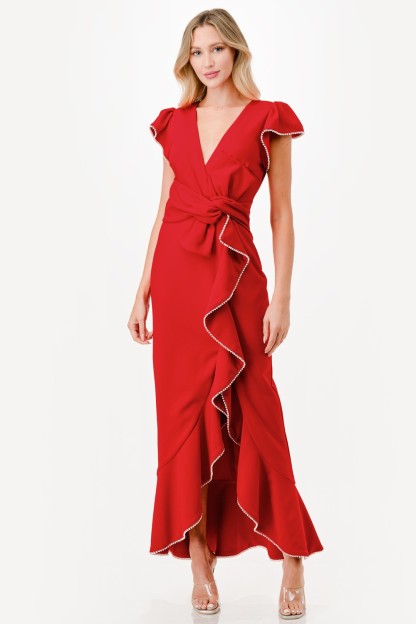 Pearl Detail Ruffle Maxi Dress