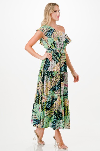 Multi Print One Shoulder Midi Dress