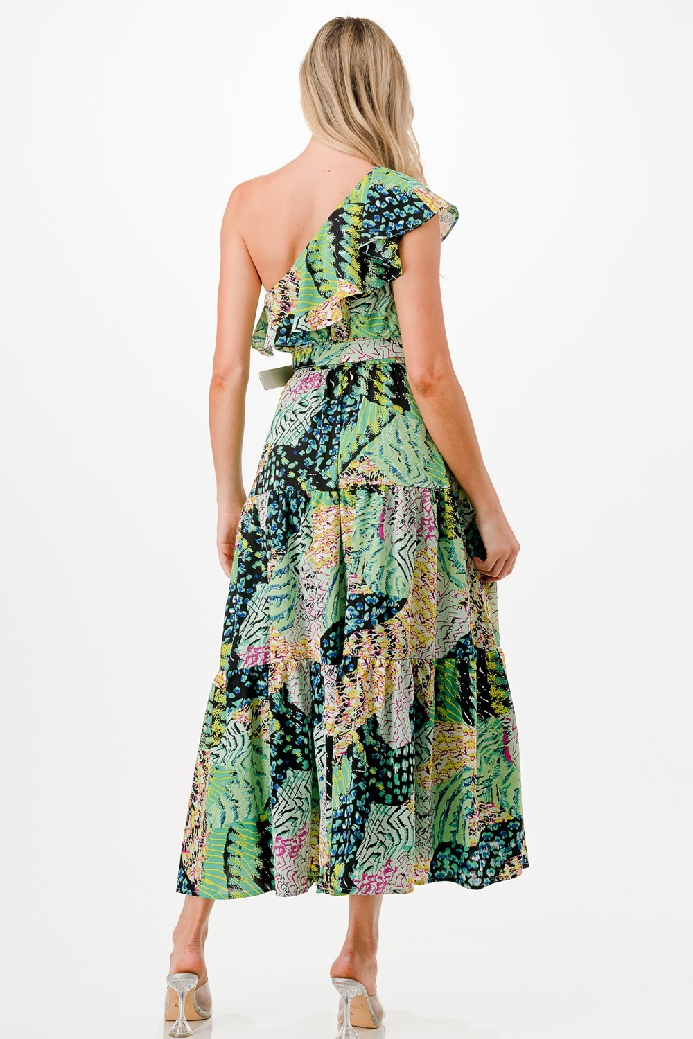 Multi Print One Shoulder Midi Dress