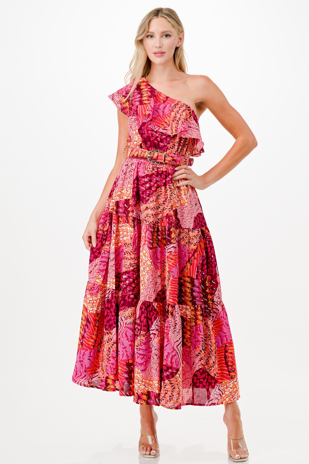Multi Print One Shoulder Midi Dress