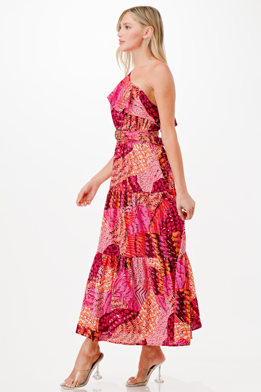 Multi Print One Shoulder Midi Dress