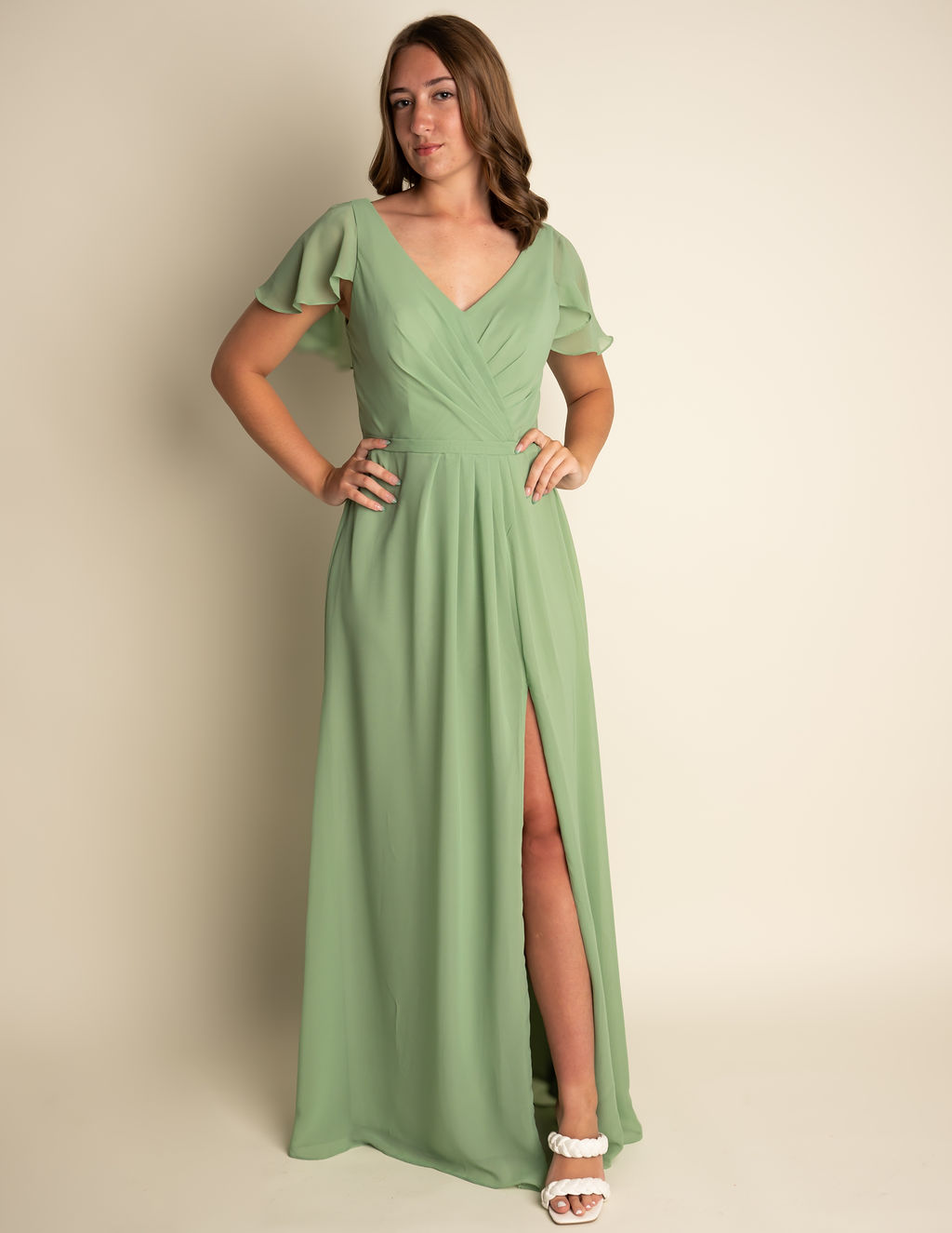A-Line Light Green Chiffon V-neck Flutter Sleeve Slit Bridesmaid Dress #RJBM039