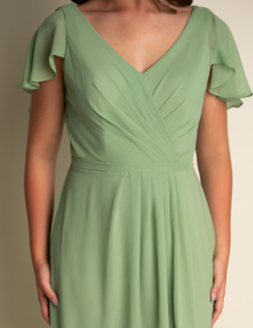 A-Line Light Green Chiffon V-neck Flutter Sleeve Slit Bridesmaid Dress #RJBM039