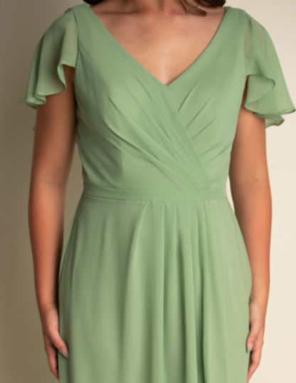 A-Line Light Green Chiffon V-neck Flutter Sleeve Slit Bridesmaid Dress #RJBM039