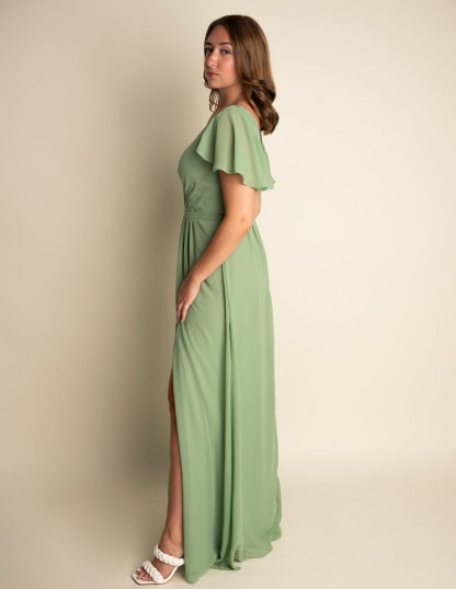 A-Line Light Green Chiffon V-neck Flutter Sleeve Slit Bridesmaid Dress #RJBM039