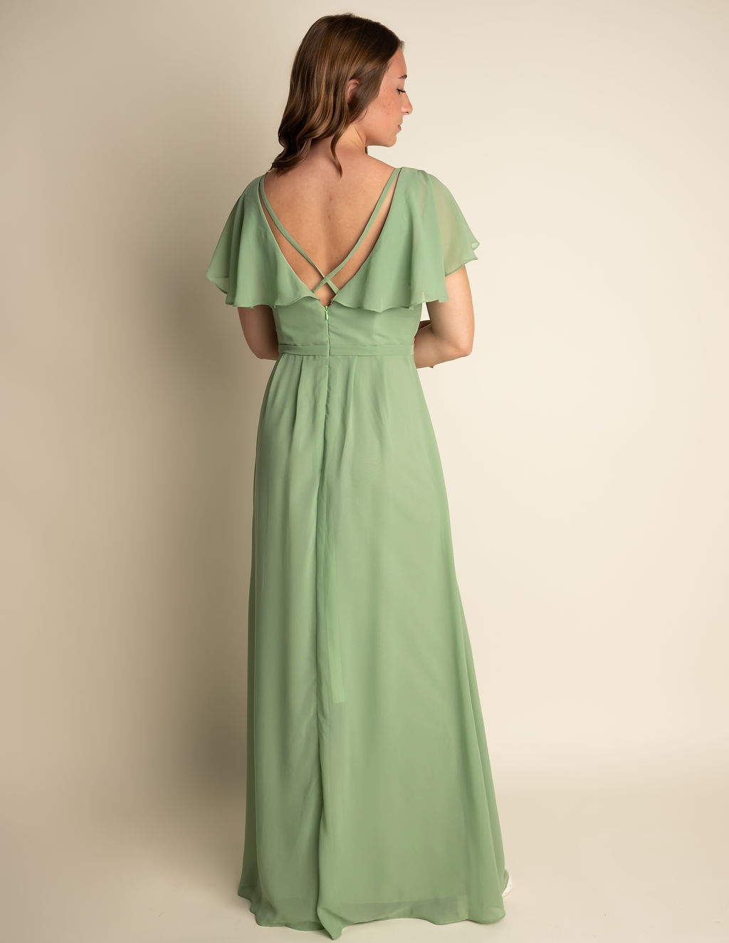 A-Line Light Green Chiffon V-neck Flutter Sleeve Slit Bridesmaid Dress #RJBM039