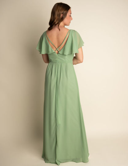 A-Line Light Green Chiffon V-neck Flutter Sleeve Slit Bridesmaid Dress #RJBM039