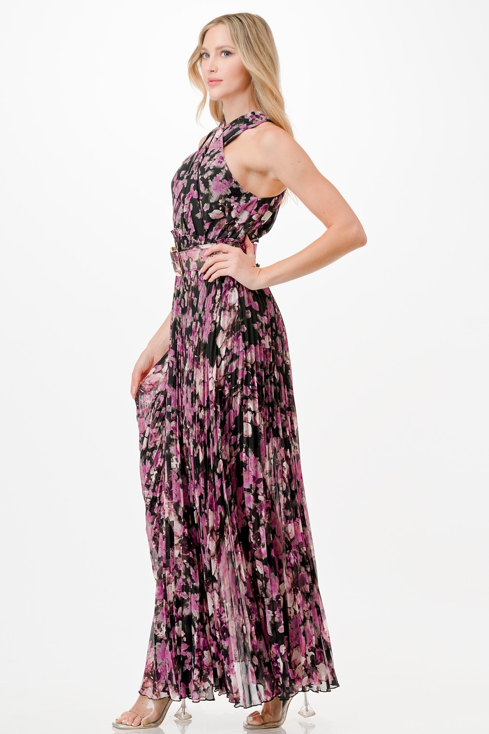Floral Print Pleats Maxi Dress