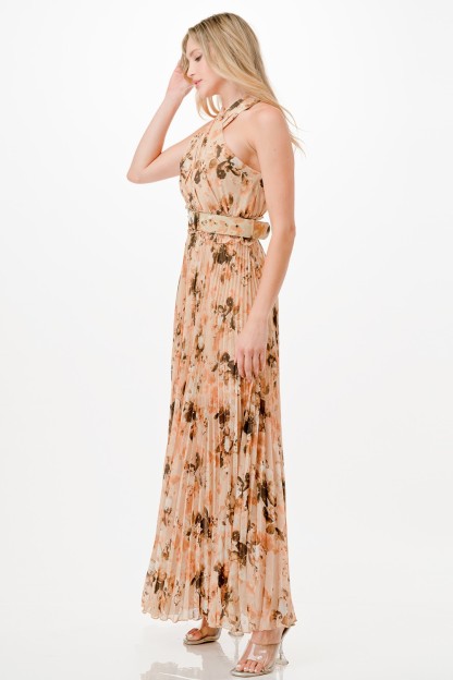 Floral Print Pleats Maxi Dress