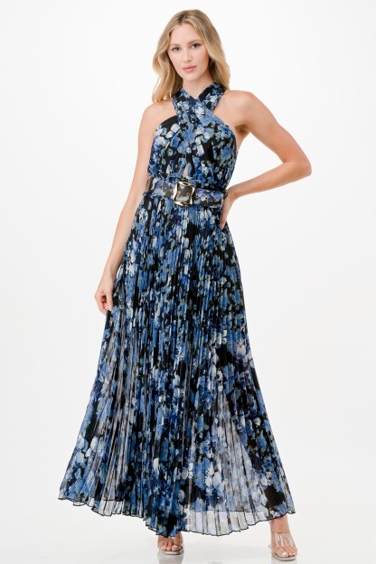 Floral Print Pleats Maxi Dress
