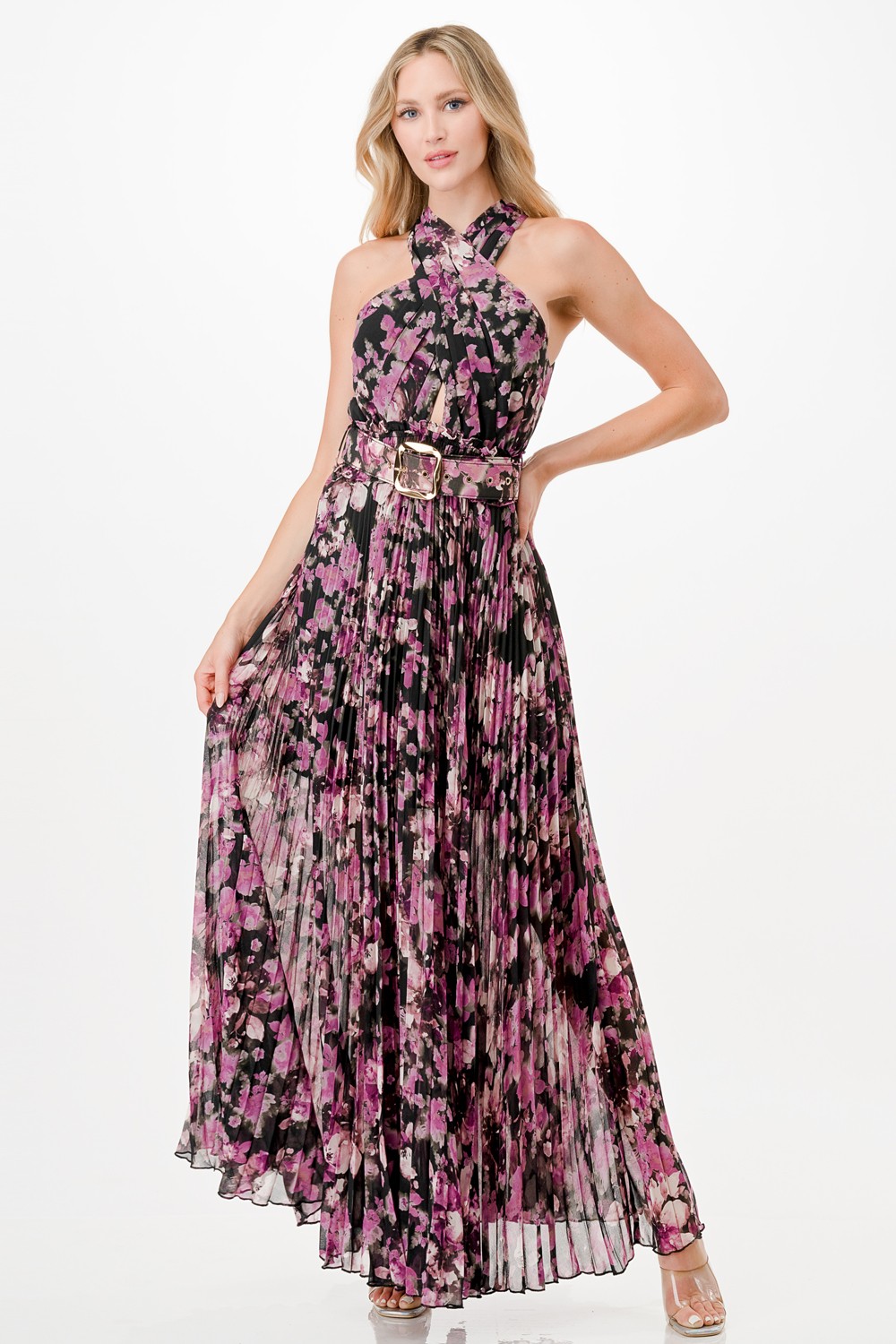 Floral Print Pleats Maxi Dress