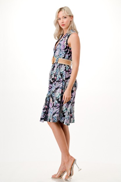 Floral Print Midi Dress with Belt
