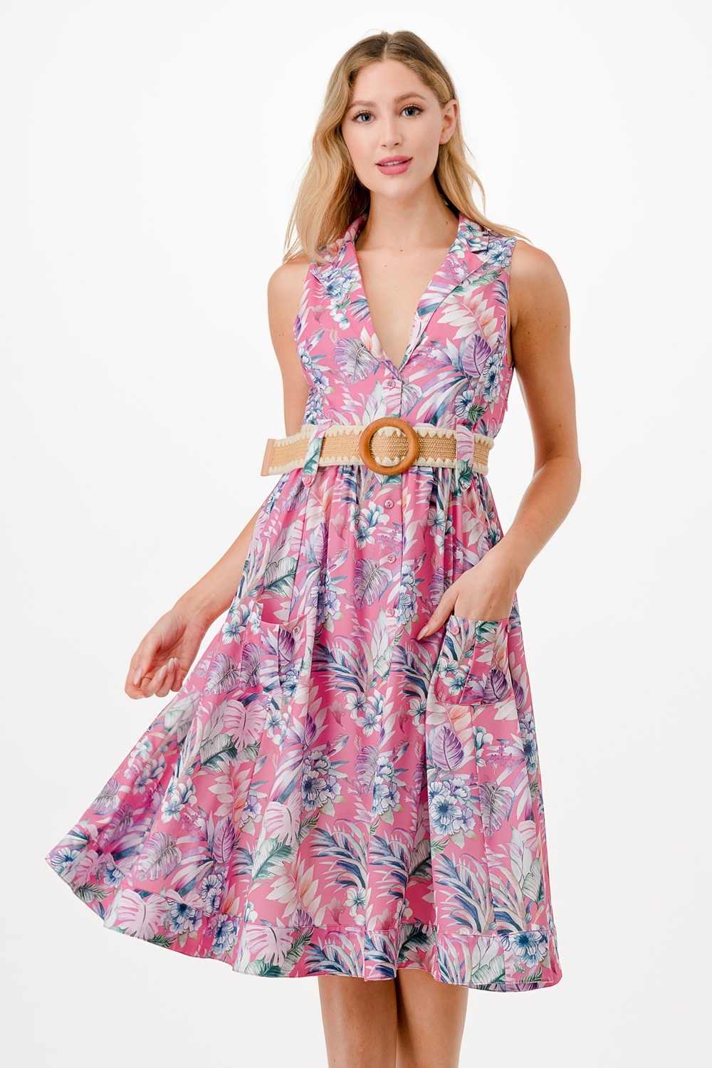Floral Print Midi Dress with Belt