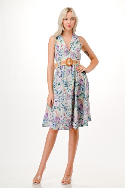 Floral Print Midi Dress with Belt