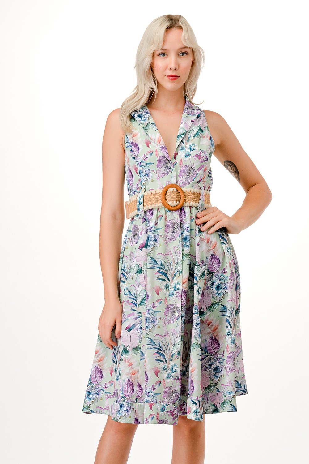 Floral Print Midi Dress with Belt