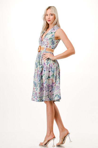 Floral Print Midi Dress with Belt