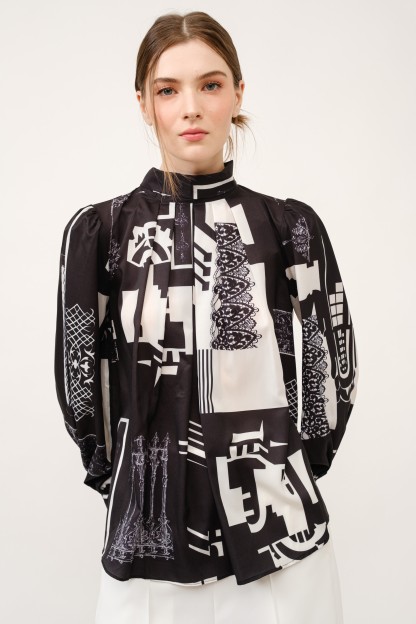 Long Puff Sleeve Abstract Print Bow Detail Blouse #23672957