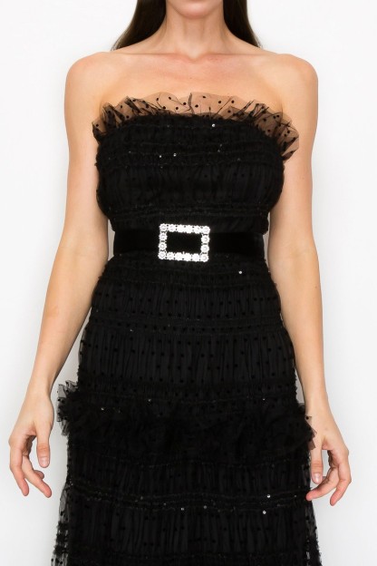 Strapless Polka Dots Tiered Tulle Maxi Dress #23551128