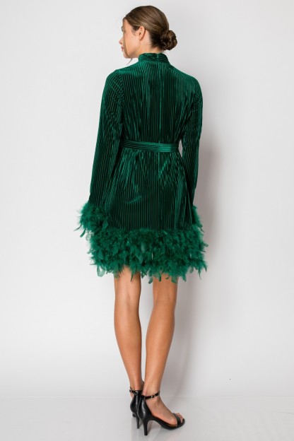 Velvet Long Sleeve Feather Trim Mini Dress #22805760