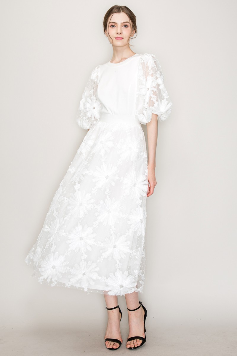 High Waist Floral Applique Dots Tulle Long Skirt #22107318