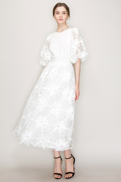 High Waist Floral Applique Dots Tulle Long Skirt #22107318