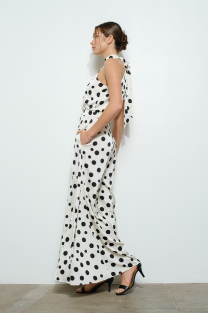 Polka Dot Print Halter Neck Wide-leg Jumpsuit #23673191